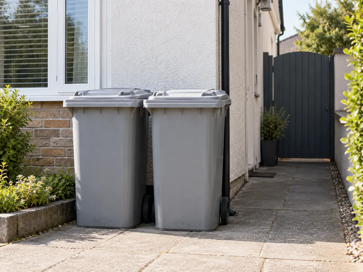 Two grey wheelie bins standing outside the side entrance of a home, ready for collection