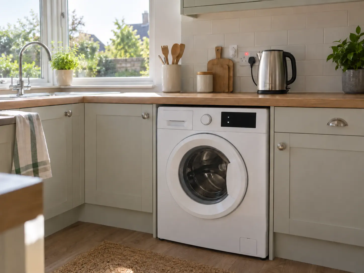 A kitchen with a washing machine running and a kettle plugged in at the socket, the kind of everyday appliance use that adds up to a household's annual electricity usage
