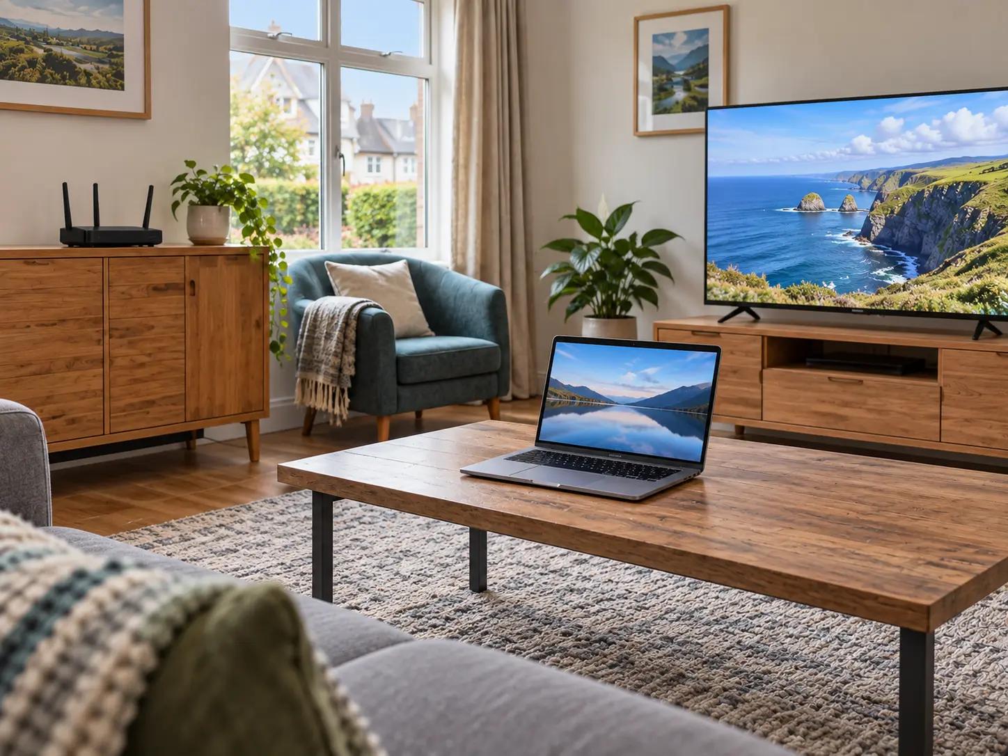 A living room with a WiFi router, a laptop and a smart TV all in use at the same time