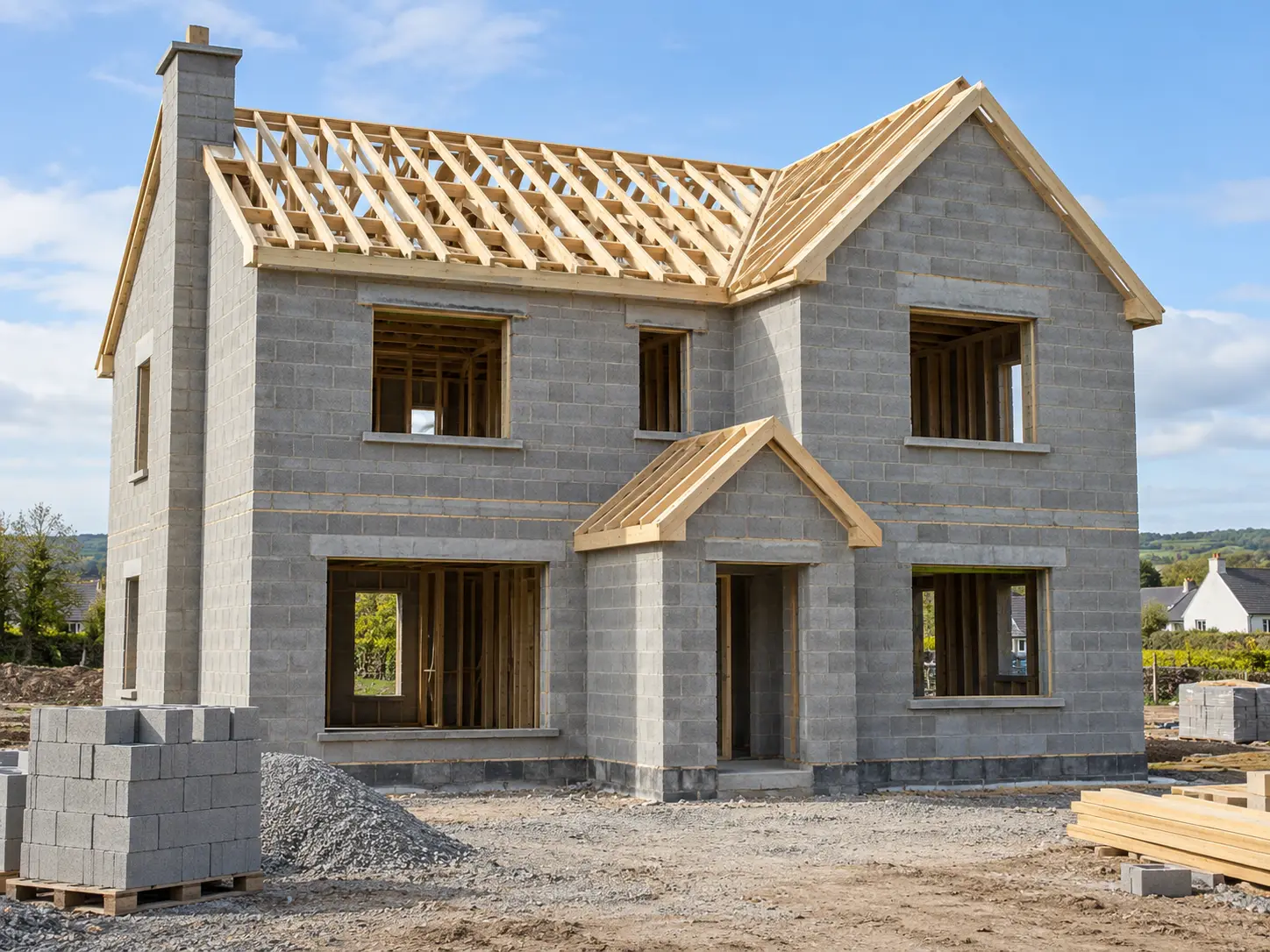 A house under construction, with block walls up and the roof trusses in place, showing the structural work a rebuild cost needs to cover