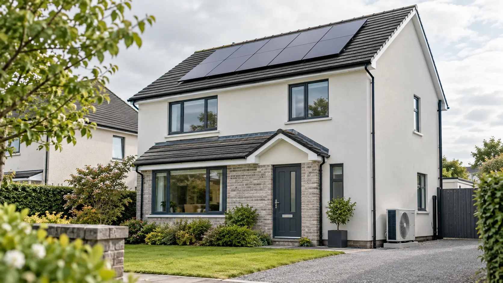 A detached house with solar panels on the roof and a heat pump outdoor unit at the side wall
